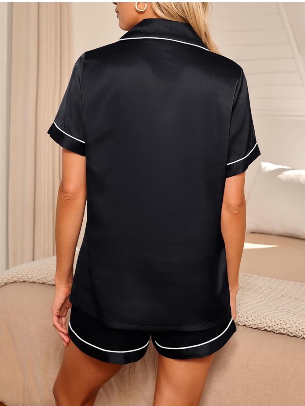 Lillusory Satin Short Pajama Set Black with White Piping Size L NWT - Picture 4 of 10